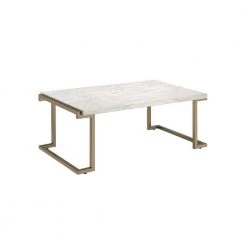 44 in. White/Gold Large Rectangle Marble Coffee Table with Metal Base with Storage by Benjara