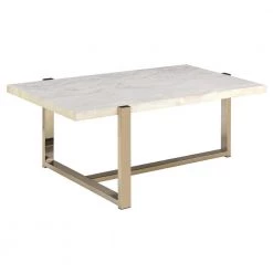 44 in. White/Gold Large Rectangle Marble Coffee Table with Faux Marble Top by Benjara