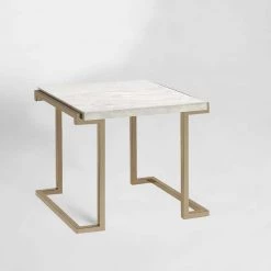 White and Gold Faux Marble Top End Table with Metal Base by Benjara