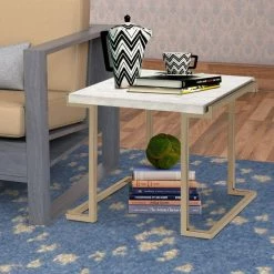 White and Gold Faux Marble Top End Table with Metal Base by Benjara 14 White and Gold Faux Marble Top End Table with Metal Base by Benjara -Cheap Benjara Store white and gold benjara end side tables bm185798 fa 1000