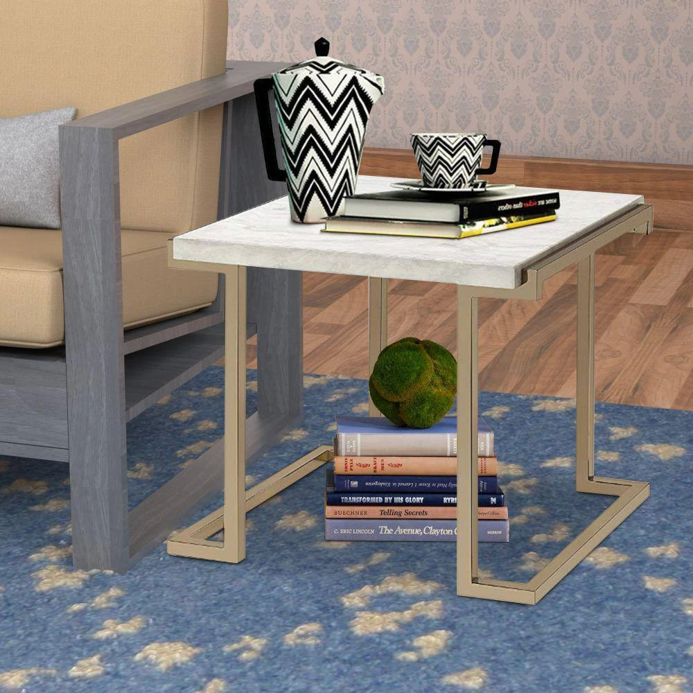 White and Gold Faux Marble Top End Table with Metal Base by Benjara 7 White and Gold Faux Marble Top End Table with Metal Base by Benjara - Image 7