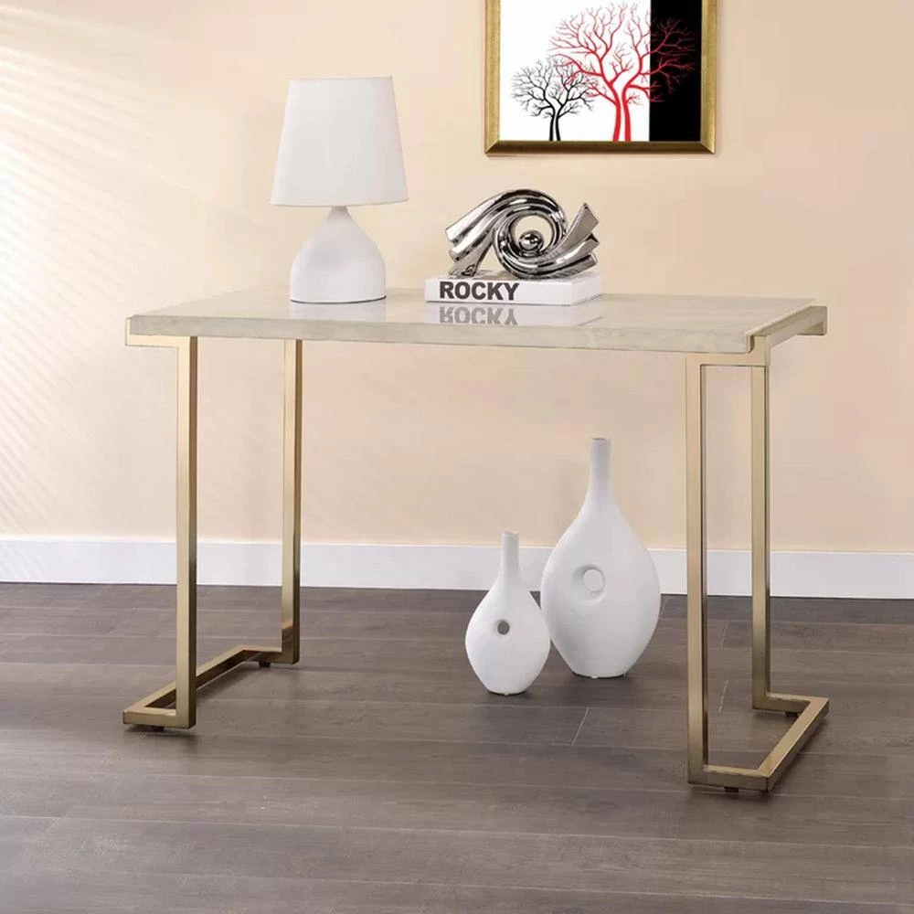 Contemporary 18 in. W White and Gold Metal Frame Sofa Table with Faux Marble Top by Benjara 7 Contemporary 18 in. W White and Gold Metal Frame Sofa Table with Faux Marble Top by Benjara - Image 7