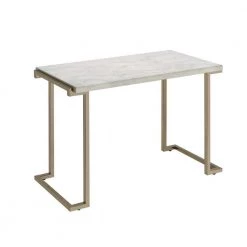 Contemporary 18 in. W White and Gold Metal Frame Sofa Table with Faux Marble Top by Benjara