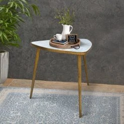 20 in. W White and Gold Plectrum Shape Marble Top Accent End Table with Metal Tripod Base by Benjara -Cheap Benjara Store white and gold benjara end side tables i305 hgm024 31 1000