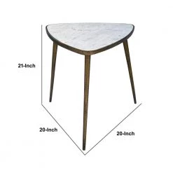 20 in. W White and Gold Plectrum Shape Marble Top Accent End Table with Metal Tripod Base by Benjara -Cheap Benjara Store white and gold benjara end side tables i305 hgm024 44 1000