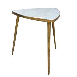 20 in. W White and Gold Plectrum Shape Marble Top Accent End Table with Metal Tripod Base by Benjara