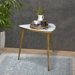 20 in. W White and Gold Plectrum Shape Marble Top Accent End Table with Metal Tripod Base by Benjara -Cheap Benjara Store white and gold benjara end side tables i305 hgm024 fa 1000