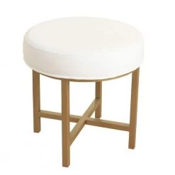 19 in. H White and Gold Round Shape Metal Framed Stool with Velvet Upholstered Seat by Benjara