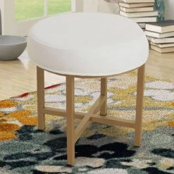 19 in. H White and Gold Round Shape Metal Framed Stool with Velvet Upholstered Seat by Benjara -Cheap Benjara Store white and gold benjara makeup vanities bm196058 c3 1000