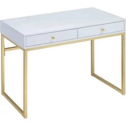 19 in. W White and Gold 2-Drawer Wooden Writing Desk with Sled Base by Benjara
