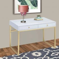 19 in. W White and Gold 2-Drawer Wooden Writing Desk with Sled Base by Benjara -Cheap Benjara Store white and gold benjara writing desks bm185350 fa 1000