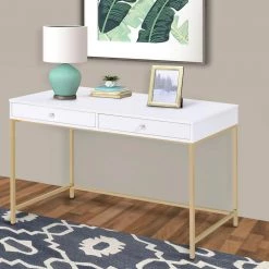 20 in. W White and Gold Two Drawers Wooden Writing Desk with Tubular Metal Base by Benjara -Cheap Benjara Store white and gold benjara writing desks bm194312 31 1000