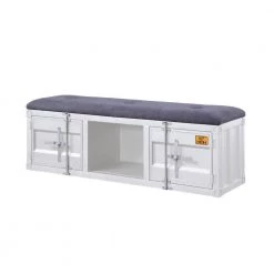 56 in. W White and Gray Metal Bench with Open Storage and Tufted Fabric Seat by Benjara