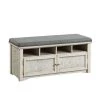 Spacious White and Gray Wooden Shoe Bench with Linen Upholstered Cushioned Seat 42" L x 16" W x 19" H by Benjara