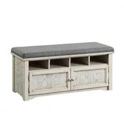 Spacious White and Gray Wooden Shoe Bench with Linen Upholstered Cushioned Seat 42" L x 16" W x 19" H by Benjara
