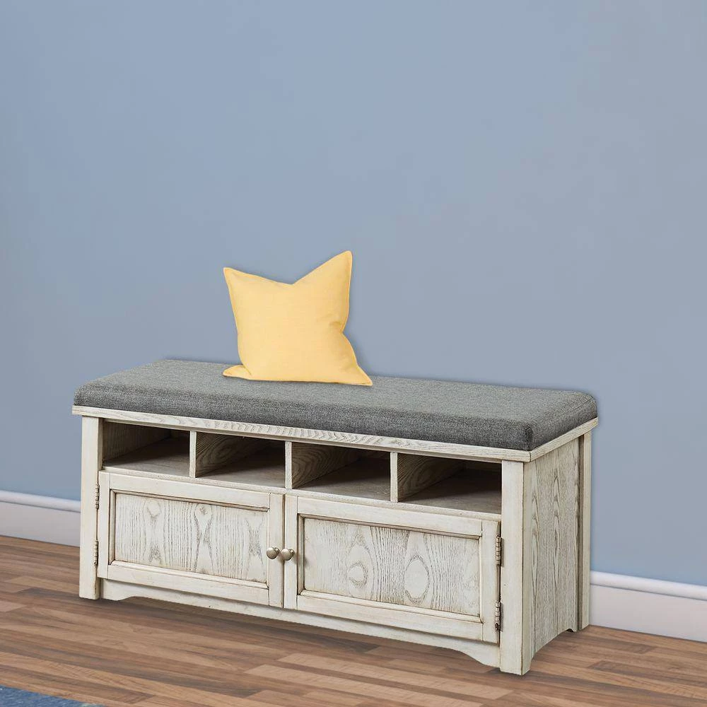 Spacious White and Gray Wooden Shoe Bench with Linen Upholstered Cushioned Seat 42" L x 16" W x 19" H by Benjara 3 Spacious White and Gray Wooden Shoe Bench with Linen Upholstered Cushioned Seat 42" L x 16" W x 19" H by Benjara - Image 3