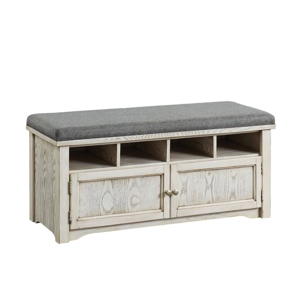 Spacious White and Gray Wooden Shoe Bench with Linen Upholstered Cushioned Seat 42" L x 16" W x 19" H by Benjara 2 Spacious White and Gray Wooden Shoe Bench with Linen Upholstered Cushioned Seat 42" L x 16" W x 19" H by Benjara - Image 2