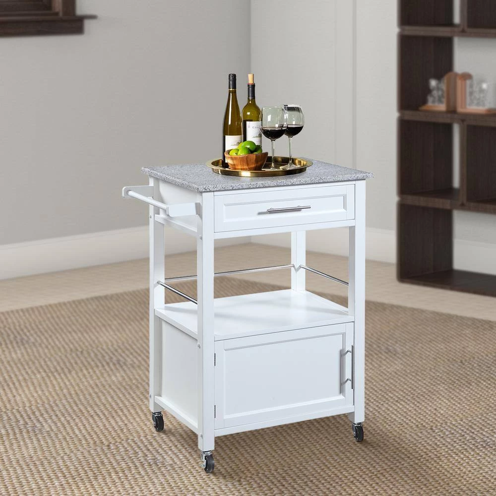 Granite Inlaid Spacious White and Gray Wooden Kitchen Cart by Benjara 6 Granite Inlaid Spacious White and Gray Wooden Kitchen Cart by Benjara - Image 6