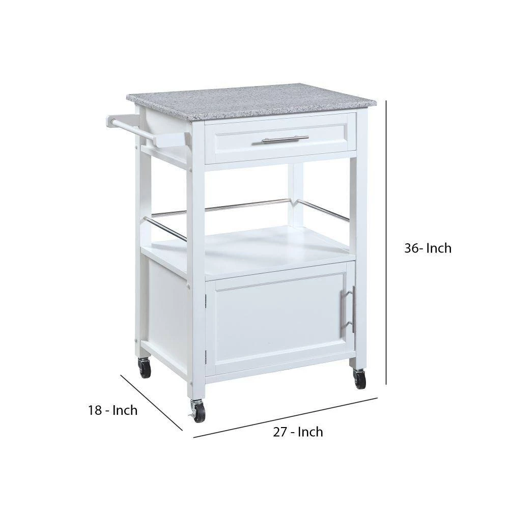 Granite Inlaid Spacious White and Gray Wooden Kitchen Cart by Benjara 5 Granite Inlaid Spacious White and Gray Wooden Kitchen Cart by Benjara - Image 5