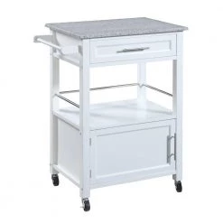 Granite Inlaid Spacious White and Gray Wooden Kitchen Cart by Benjara