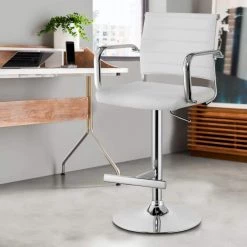 Modern 41.25 in. H White and Silver Leatherette Padded Metal Bar Stool with Arms by Benjara -Cheap Benjara Store white and silver benjara bar stools bm181078 fa 1000
