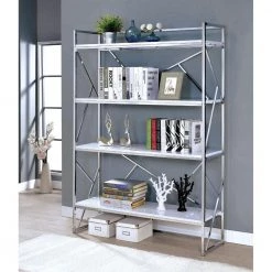 70.25 in. White/Silver Metal 4-shelf Accent Bookcase with Open Back by Benjara