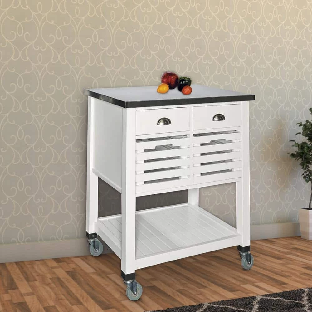 White and Silver Wooden Kitchen Cart with Caster Wheels and 4-Drawers by Benjara 1 White and Silver Wooden Kitchen Cart with Caster Wheels and 4-Drawers by Benjara