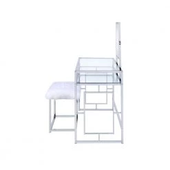 White and Silver Glass and Metal Vanity Set with Faux Fur Stool by Benjara 9 White and Silver Glass and Metal Vanity Set with Faux Fur Stool by Benjara -Cheap Benjara Store white and silver benjara makeup vanities bm191403 40 1000