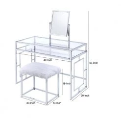 White and Silver Glass and Metal Vanity Set with Faux Fur Stool by Benjara 11 White and Silver Glass and Metal Vanity Set with Faux Fur Stool by Benjara -Cheap Benjara Store white and silver benjara makeup vanities bm191403 44 1000