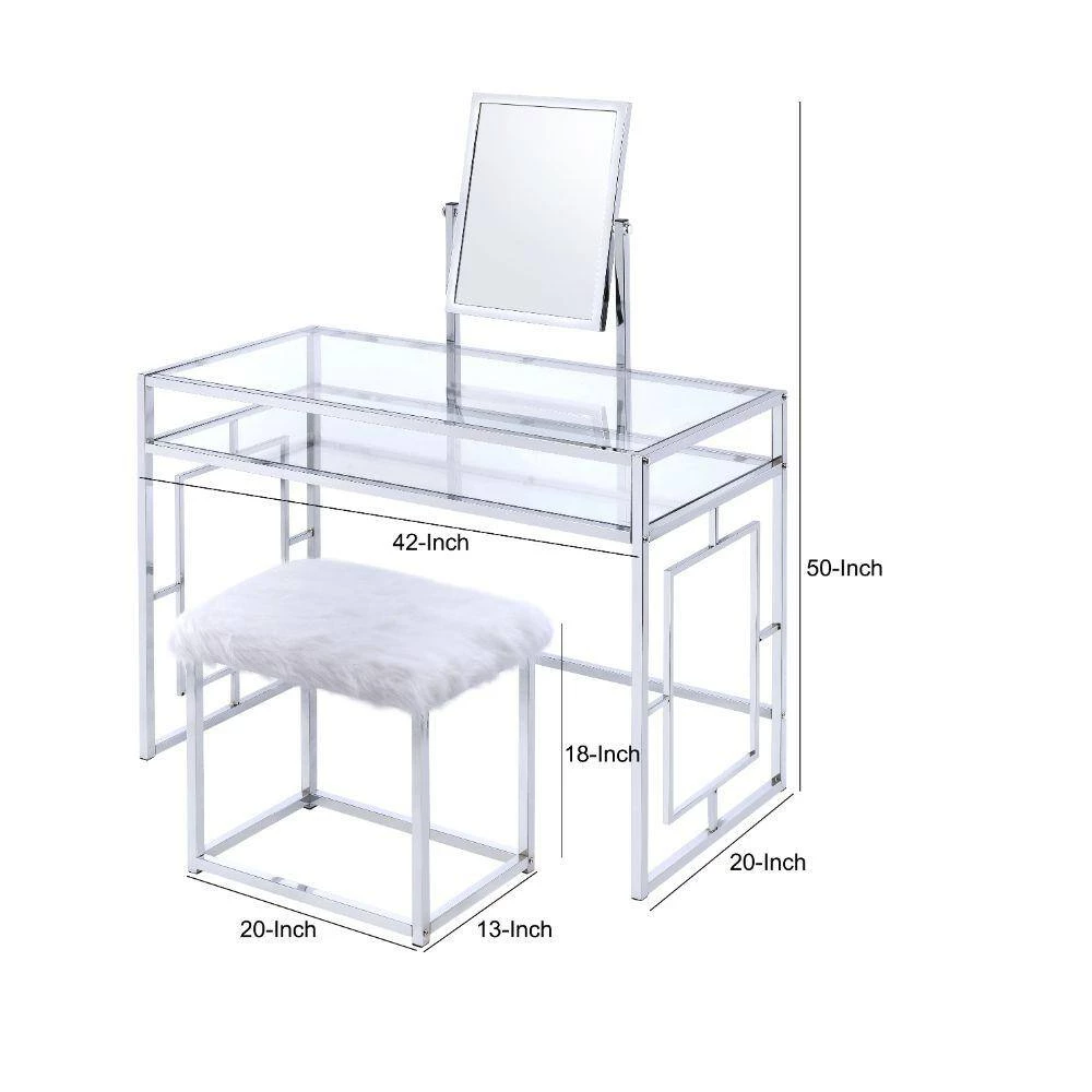 White and Silver Glass and Metal Vanity Set with Faux Fur Stool by Benjara 5 White and Silver Glass and Metal Vanity Set with Faux Fur Stool by Benjara - Image 5