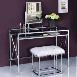 White and Silver Glass and Metal Vanity Set with Faux Fur Stool by Benjara 12 White and Silver Glass and Metal Vanity Set with Faux Fur Stool by Benjara -Cheap Benjara Store white and silver benjara makeup vanities bm191403 fa 1000