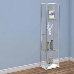 63.75 in. H Clear and White Glass and Metal Curio Cabinet with 4-Shelves by Benjara -Cheap Benjara Store white benjara accent cabinets bm206503 fa 1000