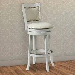 43.5 in. H White Nailhead Trim Round Leatherette Bar Stool with Flared Legs by Benjara -Cheap Benjara Store white benjara bar stools bm61371 31 1000
