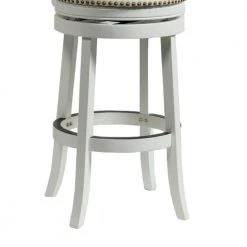 43.5 in. H White Nailhead Trim Round Leatherette Bar Stool with Flared Legs by Benjara -Cheap Benjara Store white benjara bar stools bm61371 4f 1000