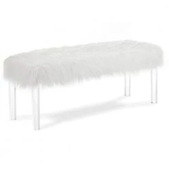 White Faux Fur Bench with Acrylic Clear Legs 16.5 in. L x 48.75 in. W x 19.25 in. H by Benjara