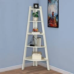 63.25 in. White Wood 5-shelf Corner Ladder Bookcase by Benjara -Cheap Benjara Store white benjara bookcases bookshelves bm172780 fa 1000