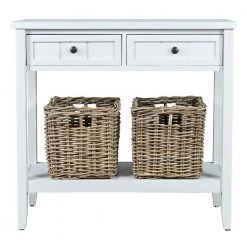 17 in. White Rectangle Wooden Console Table with 2-Drawers and 2 Rattan Baskets by Benjara -Cheap Benjara Store white benjara console tables bm269787 4f 1000
