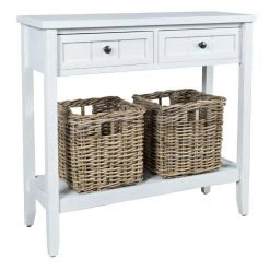 17 in. White Rectangle Wooden Console Table with 2-Drawers and 2 Rattan Baskets by Benjara