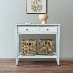 17 in. Washed Gray Wooden Rectangle Console Table with 2-Drawers and 2 Rattan Baskets by Benjara 13 17 in. Washed Gray Wooden Rectangle Console Table with 2-Drawers and 2 Rattan Baskets by Benjara -Cheap Benjara Store white benjara console tables bm269788 31 1000