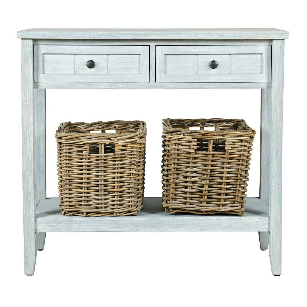 17 in. Washed Gray Wooden Rectangle Console Table with 2-Drawers and 2 Rattan Baskets by Benjara 4 17 in. Washed Gray Wooden Rectangle Console Table with 2-Drawers and 2 Rattan Baskets by Benjara - Image 4