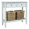 17 in. Washed Gray Wooden Rectangle Console Table with 2-Drawers and 2 Rattan Baskets by Benjara
