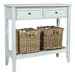 17 in. Washed Gray Wooden Rectangle Console Table with 2-Drawers and 2 Rattan Baskets by Benjara