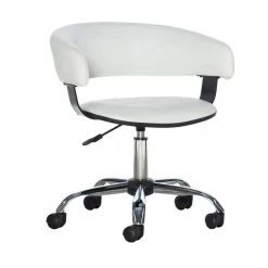 White Leatherette Bucket Seat Drafting Desk Chair with Casters by Benjara