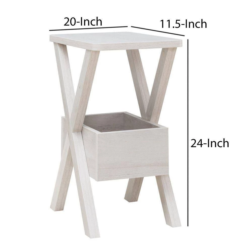 20 in. Oak White Square Wooden Side End Table with Box Shelf and Crossed Legs by Benjara 6 20 in. Oak White Square Wooden Side End Table with Box Shelf and Crossed Legs by Benjara - Image 6