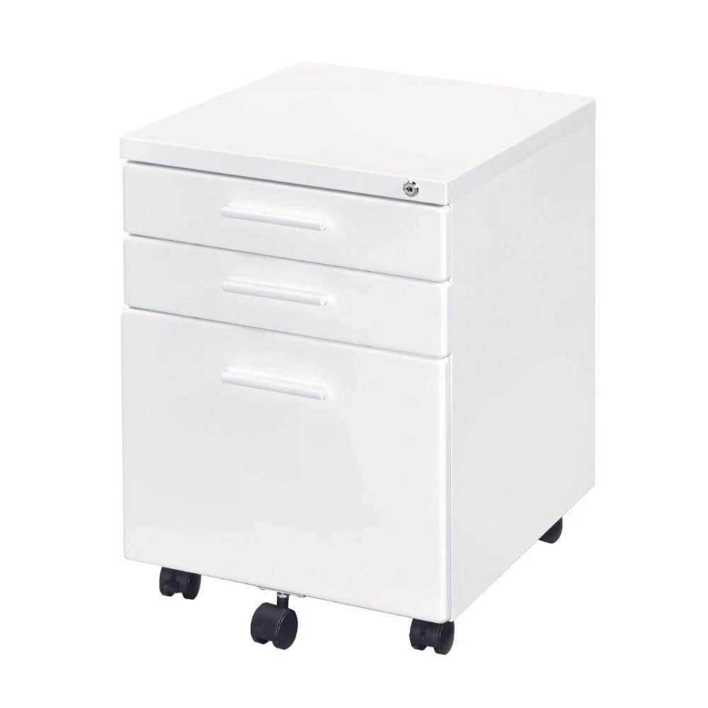 White Contemporary Style File Cabinet with Lock System and Caster Support by Benjara 1 White Contemporary Style File Cabinet with Lock System and Caster Support by Benjara