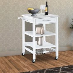 White Kitchen Cart with 2-Wooden Shelves and 1-Drawer by Benjara -Cheap Benjara Store white benjara kitchen carts bm241846 31 1000