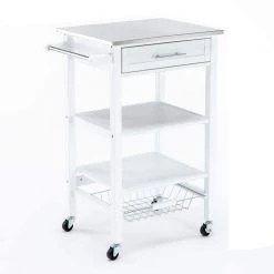 White Kitchen Cart with 2-Wooden Shelves and 1-Drawer by Benjara