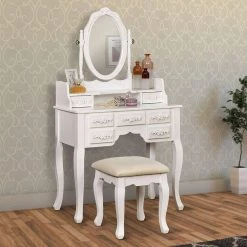 Harriet Traditional White Wooden Vanity Set by Benjara -Cheap Benjara Store white benjara makeup vanities bm132008 44 1000