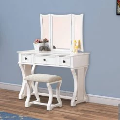 Modish White Wooden Vanity Set Featuring Stool and Mirror by Benjara -Cheap Benjara Store white benjara makeup vanities bm167184 31 1000