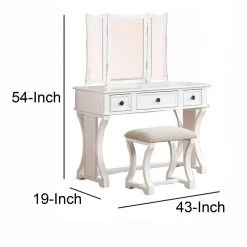 Modish White Wooden Vanity Set Featuring Stool and Mirror by Benjara -Cheap Benjara Store white benjara makeup vanities bm167184 44 1000